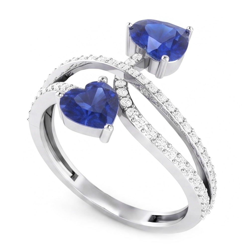 Toi et Moi Natural Earth Mined Diamond Heart Blue Sapphire Ring Twisted Shank 3.50 Carats