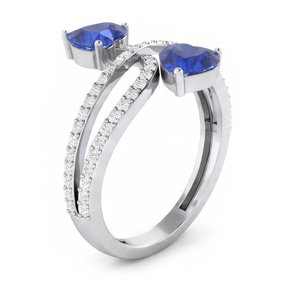 Toi et Moi Natural Earth Mined Diamond Heart Blue Sapphire Ring Twisted Shank 3.50 Carats