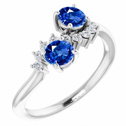 Toi et Moi Natural Earth Mined Diamond Ring 1.18 Carats Ceylon Sapphire Women Jewelry 14K
