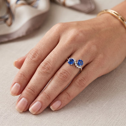 Toi et Moi Natural Earth Mined Diamond Ring 1.18 Carats Ceylon Sapphire Women Jewelry 14K