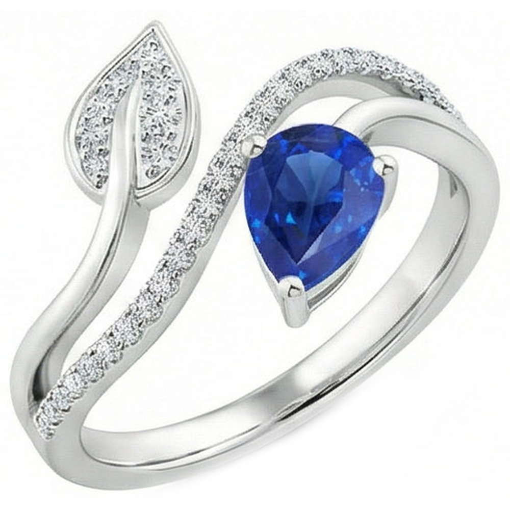 Toi et Moi Natural Earth Mined Diamond Women’s Ring Pear Blue Sapphire 4 Carats Leaf Style