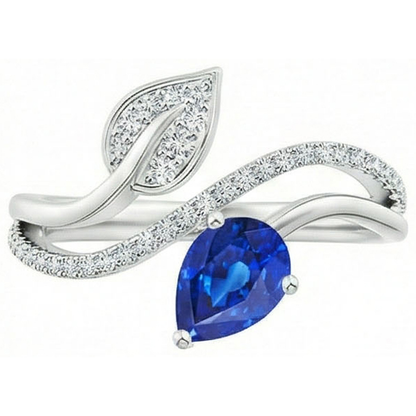 Toi et Moi Natural Earth Mined Diamond Women’s Ring Pear Blue Sapphire 4 Carats Leaf Style