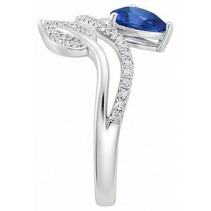 Toi et Moi Natural Earth Mined Diamond Women’s Ring Pear Blue Sapphire 4 Carats Leaf Style