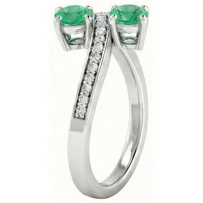 Toi et Moi Round Green Emerald GIA 2.60 Carats Natural Earth Mined Diamond Ring White Gold 14K