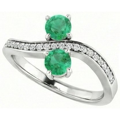 Toi et Moi Round Green Emerald GIA 2.60 Carats Natural Earth Mined Diamond Ring White Gold 14K