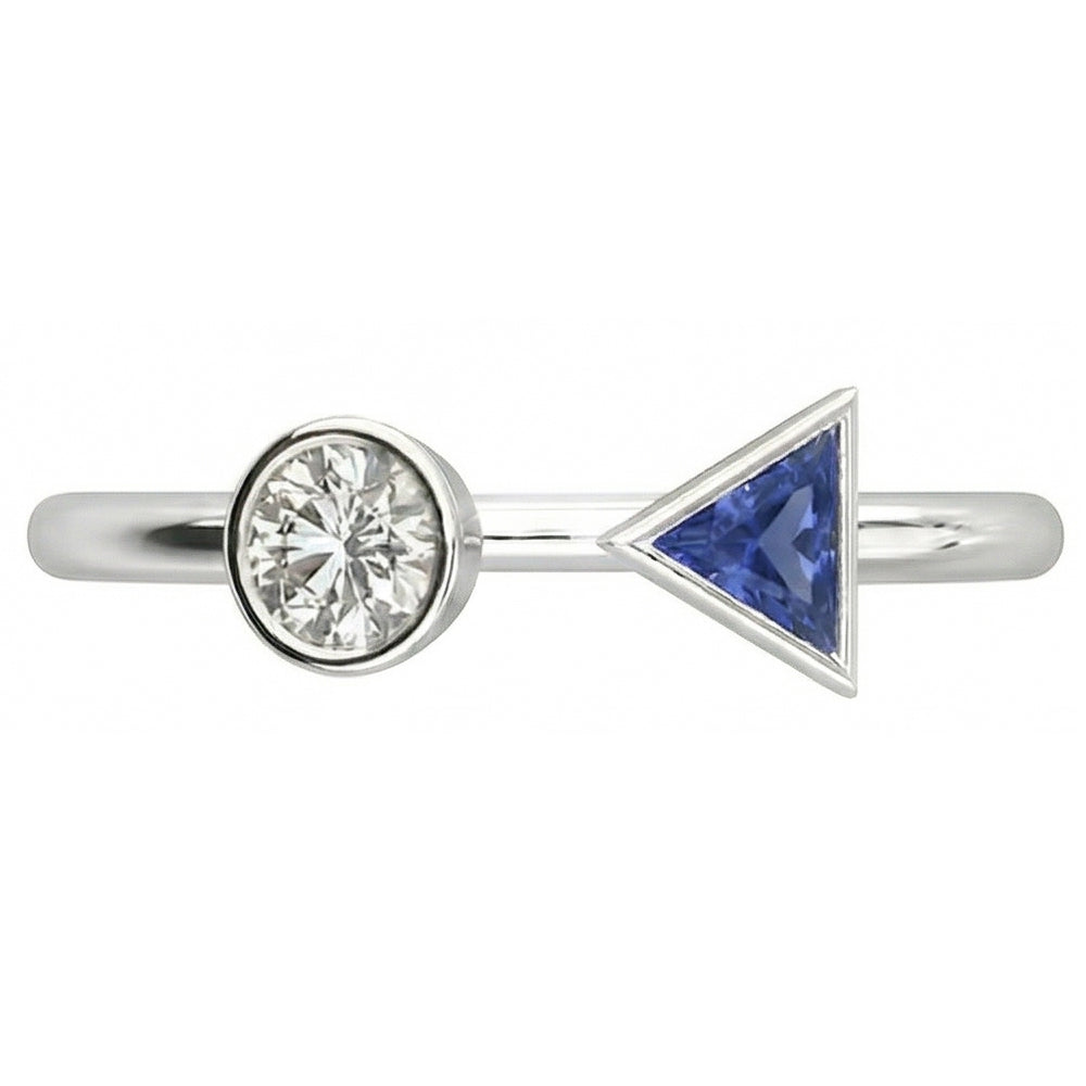 Toi et Moi Round Natural Earth Mined Diamond & Trillion Bezel Set Sapphire Ring 1 Carat