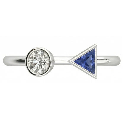 Toi et Moi Round Natural Earth Mined Diamond & Trillion Bezel Set Sapphire Ring 1 Carat