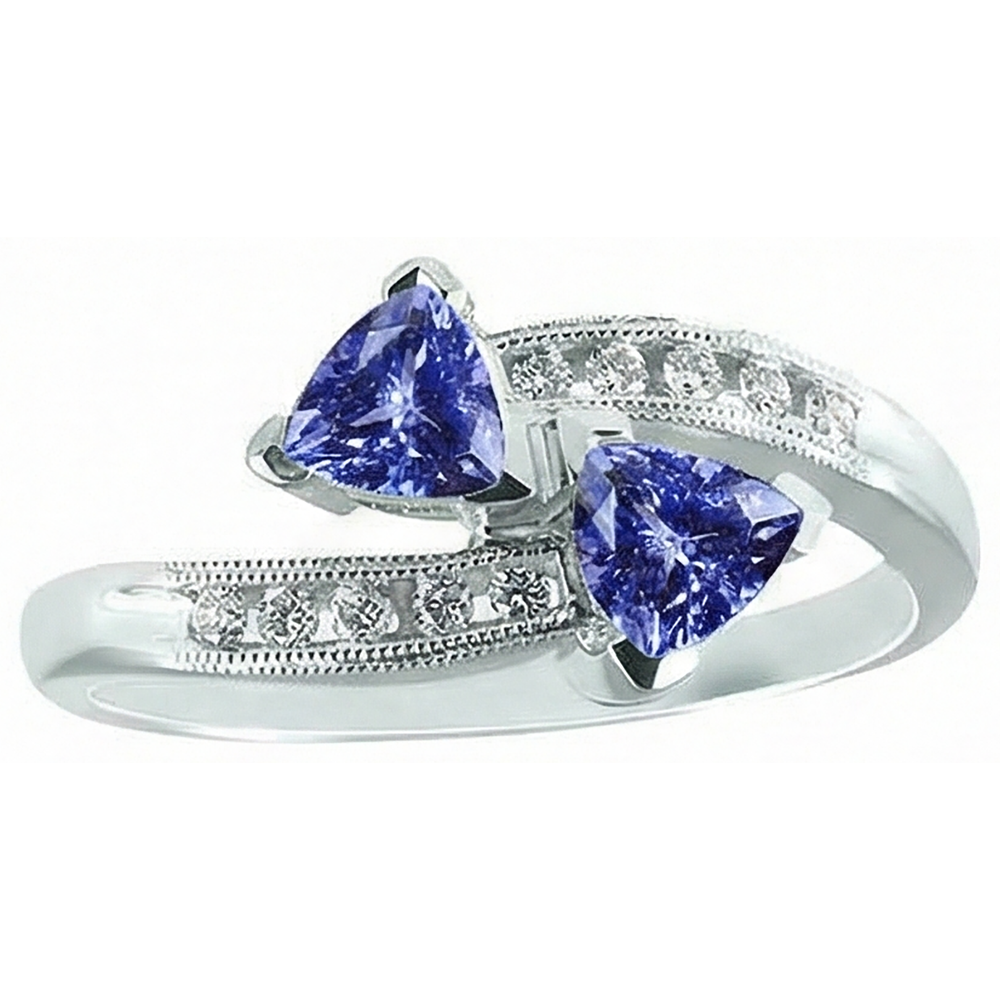 Toi et Moi Trillion Tanzanite And Round Natural Earth Mined Diamonds Ring 2.50 Carats Gold