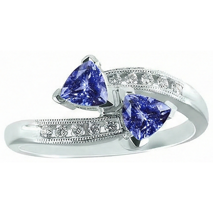 Toi et Moi Trillion Tanzanite And Round Natural Earth Mined Diamonds Ring 2.50 Carats Gold