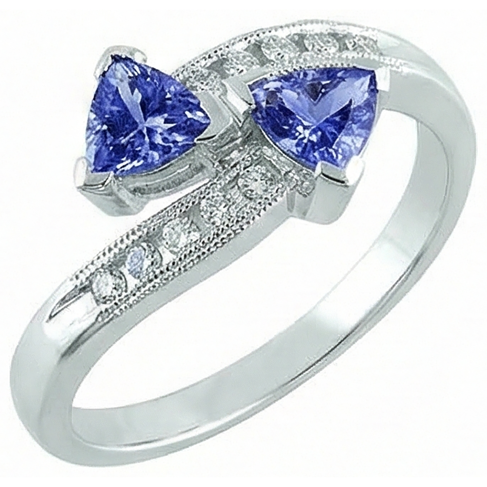 Toi et Moi Trillion Tanzanite And Round Natural Earth Mined Diamonds Ring 2.50 Carats Gold