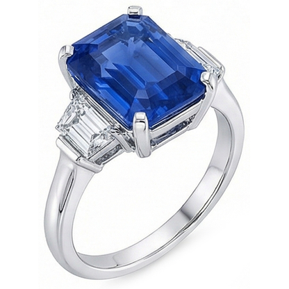 Trapezoid Natural Earth Mined Diamond 3 Stone Ring 3.50 Carats Emerald Srilankan Sapphire