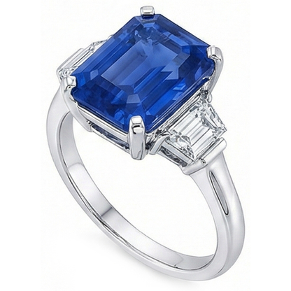 Trapezoid Natural Earth Mined Diamond 3 Stone Ring 3.50 Carats Emerald Srilankan Sapphire