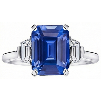 Trapezoid Natural Earth Mined Diamond 3 Stone Ring 3.50 Carats Emerald Srilankan Sapphire
