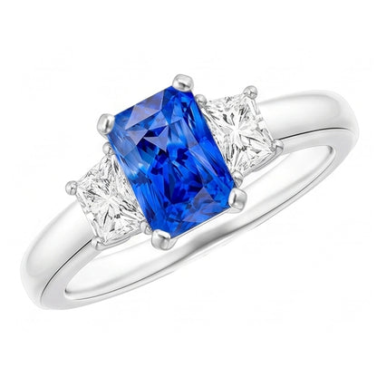 Trapezoid Natural Earth Mined Diamond Blue Sapphire Ring Radiant Cut 3 Carats Three Stone