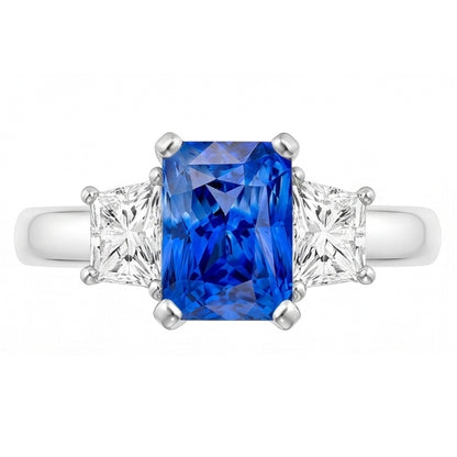 Trapezoid Natural Earth Mined Diamond Blue Sapphire Ring Radiant Cut 3 Carats Three Stone