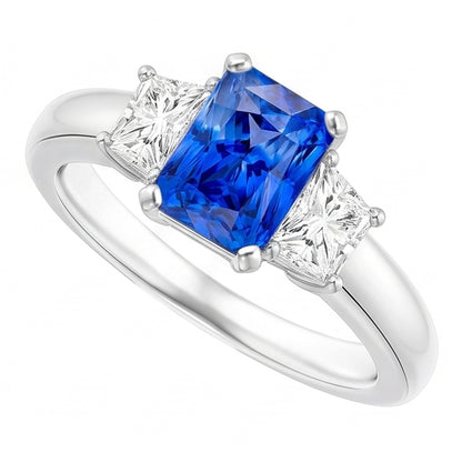 Trapezoid Natural Earth Mined Diamond Blue Sapphire Ring Radiant Cut 3 Carats Three Stone