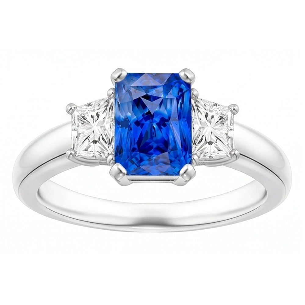 Trapezoid Natural Earth Mined Diamond Blue Sapphire Ring Radiant Cut 3 Carats Three Stone