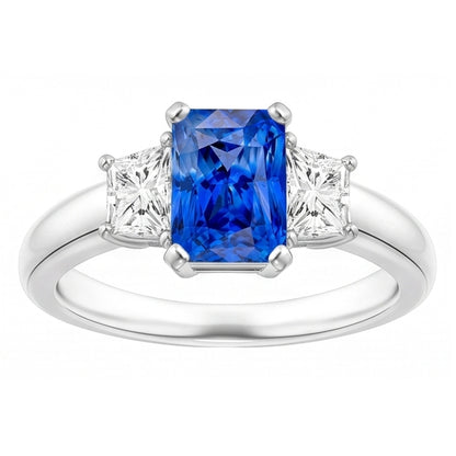 Trapezoid Natural Earth Mined Diamond Blue Sapphire Ring Radiant Cut 3 Carats Three Stone