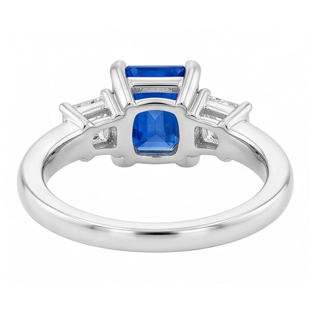 Trapezoid Natural Earth Mined Diamond Blue Sapphire Ring Radiant Cut 3 Carats Three Stone