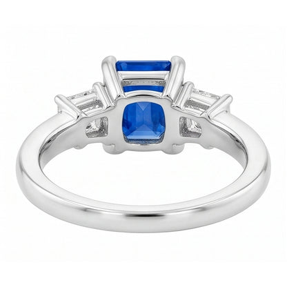 Trapezoid Natural Earth Mined Diamond Blue Sapphire Ring Radiant Cut 3 Carats Three Stone
