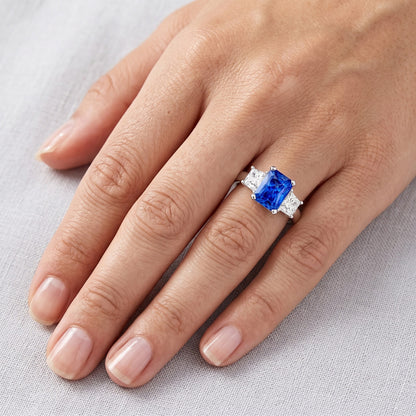Trapezoid Natural Earth Mined Diamond Blue Sapphire Ring Radiant Cut 3 Carats Three Stone