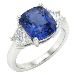 Trapezoid Natural Earth Mined Diamond & Cushion Blue Sapphire 3 Stone Ring 2.50 Carats