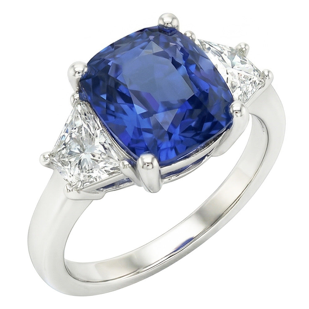 Trapezoid Natural Earth Mined Diamond & Cushion Blue Sapphire 3 Stone Ring 2.50 Carats