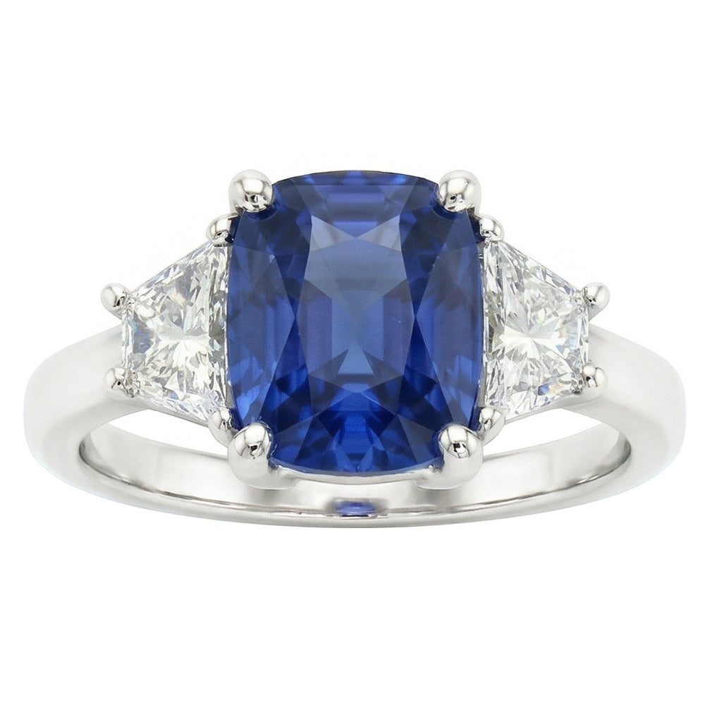 Trapezoid Natural Earth Mined Diamond & Cushion Blue Sapphire 3 Stone Ring 2.50 Carats