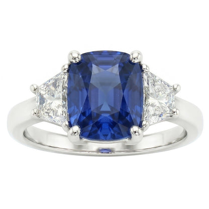 Trapezoid Natural Earth Mined Diamond & Cushion Blue Sapphire 3 Stone Ring 2.50 Carats