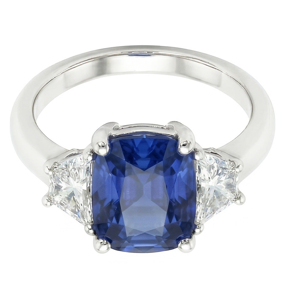 Trapezoid Natural Earth Mined Diamond & Cushion Blue Sapphire 3 Stone Ring 2.50 Carats