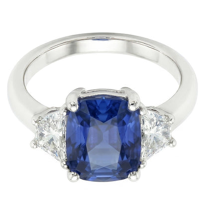Trapezoid Natural Earth Mined Diamond & Cushion Blue Sapphire 3 Stone Ring 2.50 Carats