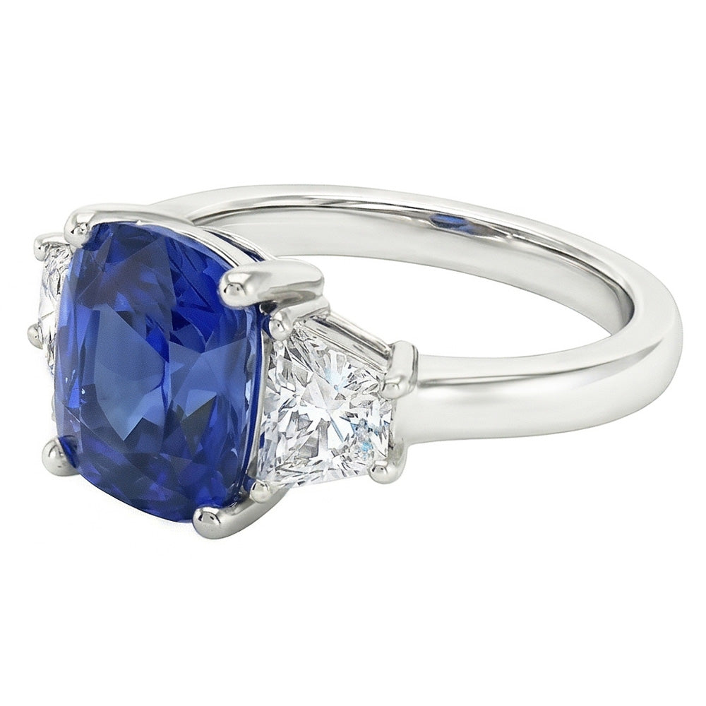 Trapezoid Natural Earth Mined Diamond & Cushion Blue Sapphire 3 Stone Ring 2.50 Carats