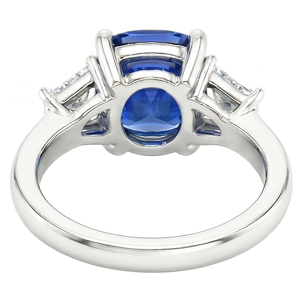 Trapezoid Natural Earth Mined Diamond & Cushion Blue Sapphire 3 Stone Ring 2.50 Carats