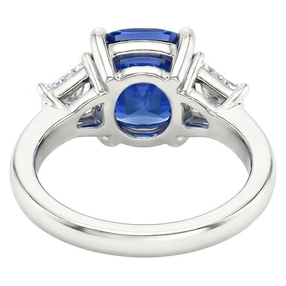 Trapezoid Natural Earth Mined Diamond & Cushion Blue Sapphire 3 Stone Ring 2.50 Carats
