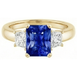 Trapezoid & Radiant Sapphire 3 Stone Natural Earth Mined Diamond Ring 3 Carats Yellow Gold