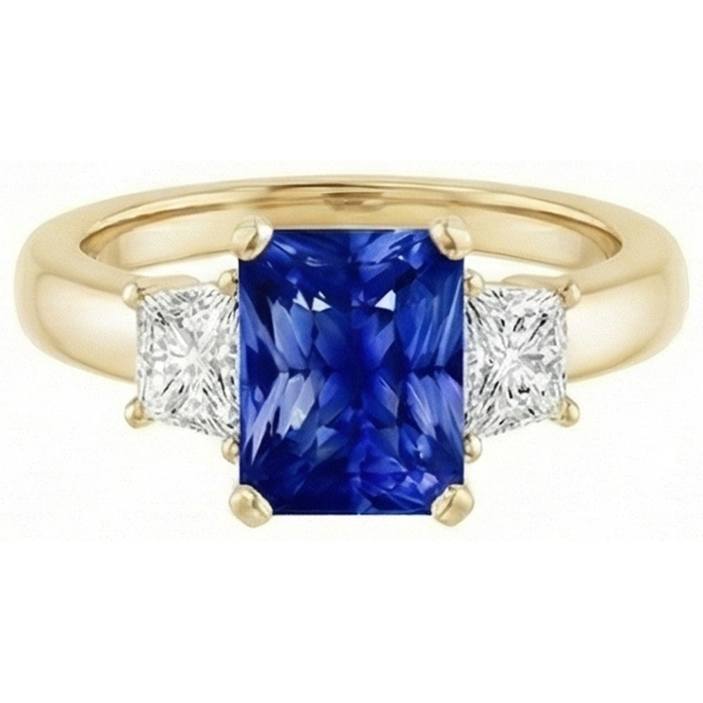 Trapezoid & Radiant Sapphire 3 Stone Natural Earth Mined Diamond Ring 3 Carats Yellow Gold