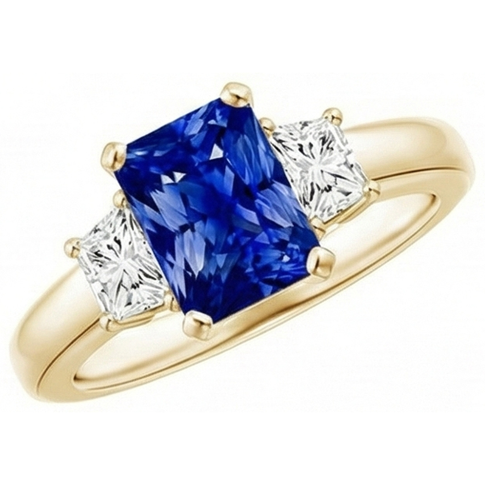 Trapezoid & Radiant Sapphire 3 Stone Natural Earth Mined Diamond Ring 3 Carats Yellow Gold