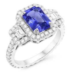Trapezoid & Round Natural Earth Mined Diamond Halo Ring Gold Ceylon Sapphire 4.50 Carats
