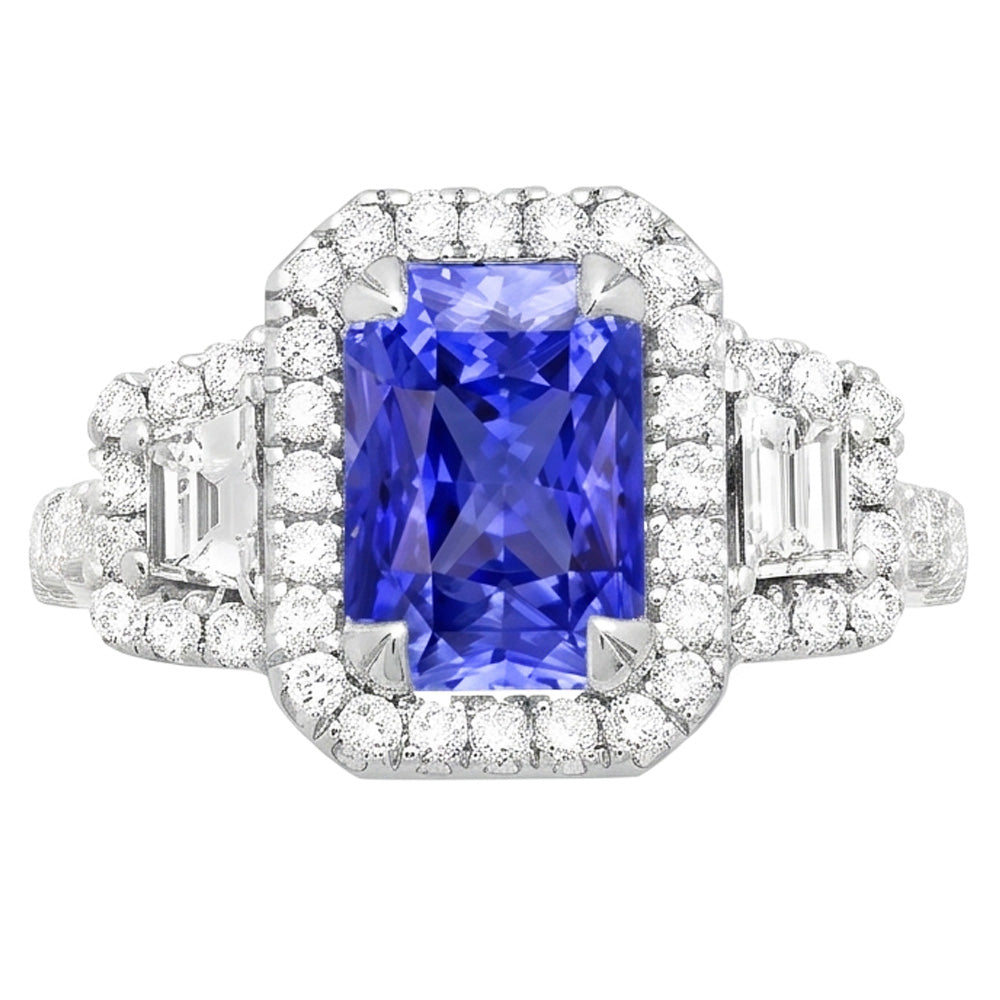 Trapezoid & Round Natural Earth Mined Diamond Halo Ring Gold Ceylon Sapphire 4.50 Carats