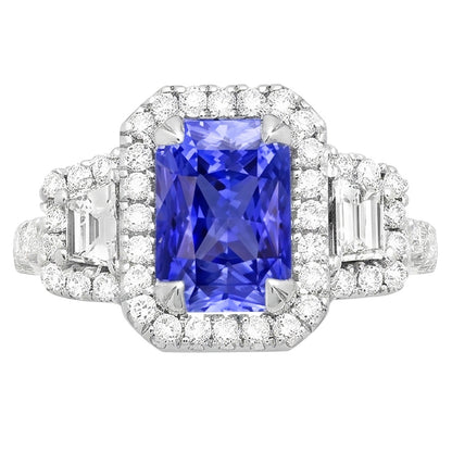 Trapezoid & Round Natural Earth Mined Diamond Halo Ring Gold Ceylon Sapphire 4.50 Carats