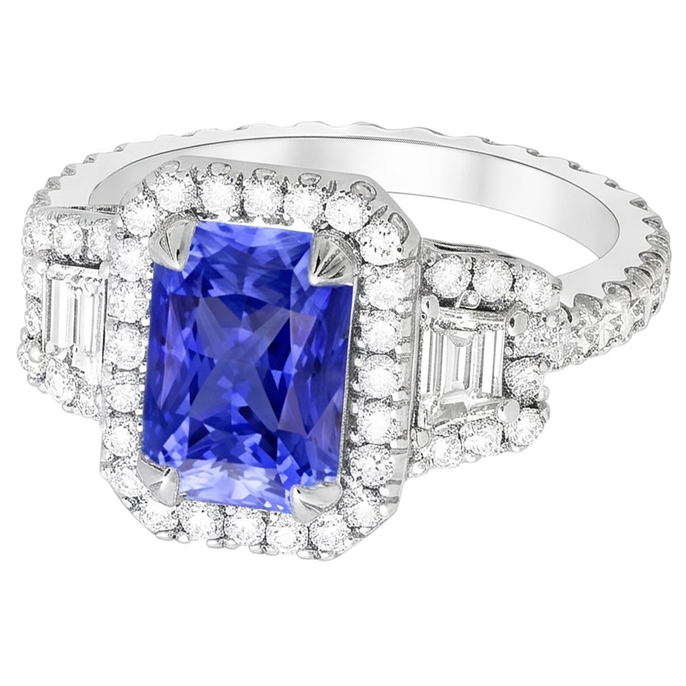 Trapezoid & Round Natural Earth Mined Diamond Halo Ring Gold Ceylon Sapphire 4.50 Carats