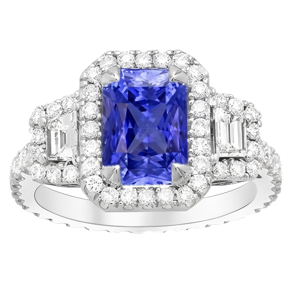 Trapezoid & Round Natural Earth Mined Diamond Halo Ring Gold Ceylon Sapphire 4.50 Carats