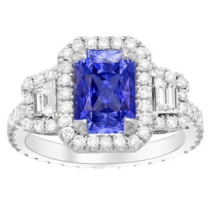 Trapezoid & Round Natural Earth Mined Diamond Halo Ring Gold Ceylon Sapphire 4.50 Carats