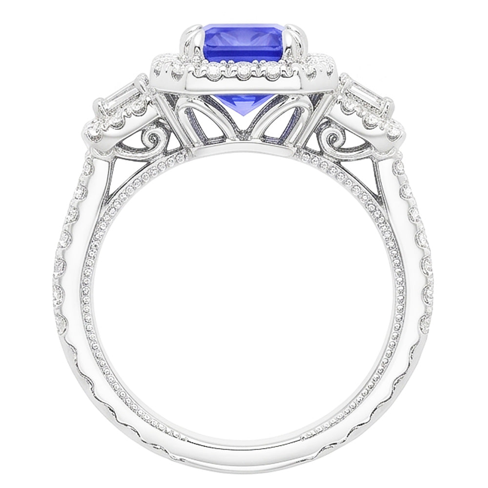 Trapezoid & Round Natural Earth Mined Diamond Halo Ring Gold Ceylon Sapphire 4.50 Carats
