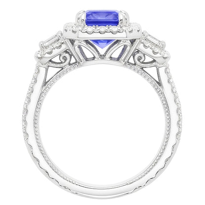 Trapezoid & Round Natural Earth Mined Diamond Halo Ring Gold Ceylon Sapphire 4.50 Carats