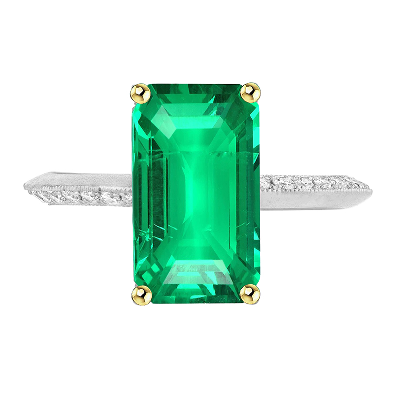 Trendy Engagement Ring Green Emerald Diamond Ladies Jewelry