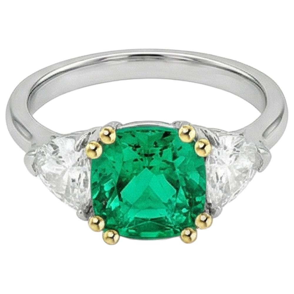 Natural Real ( Not Lab Grown ) Trilliant Cut Diamond Green Emerald GIA Ring