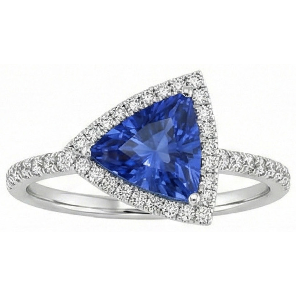 Natural Real ( Not Lab Grown )  Trilliant Cut Sapphire Halo Ring