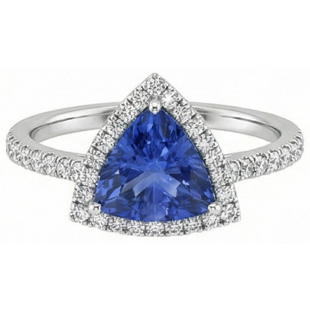 Natural Real ( Not Lab Grown )  Trilliant Cut Sapphire Halo Ring