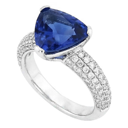 Trillion Gemstone Ceylon Sapphire Ring Pave Set Natural Earth Mined Diamonds 3.50 Carats